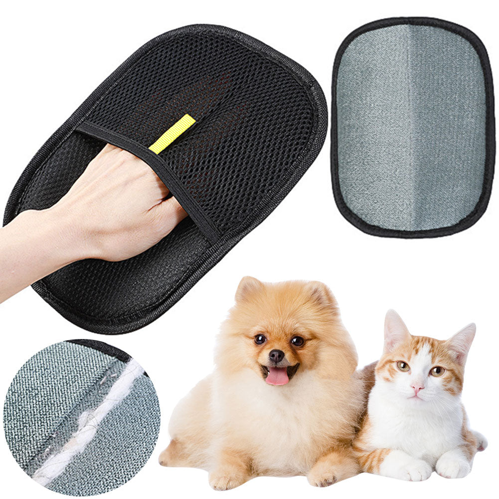 Front and back views of the black pet hair removal mitt